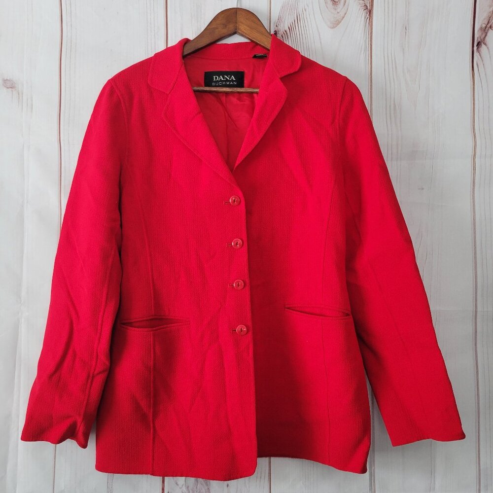 Dana Buchman 100% Wool Button Closure, Women’s 8, Red Blazer 2 front pockets